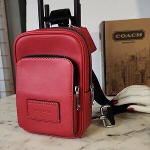 COACH Red Leather Racer Sling Bag Unisex | CU252 Silver Hardware | Logo bag Incd